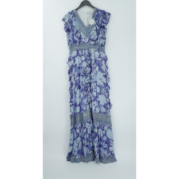 JUST BELLINA Dresses & Skirts - Just‎ Bellina Dress Womens Medium Blue Metallic Ruffle Boho Maxi Chic Boho Flowy